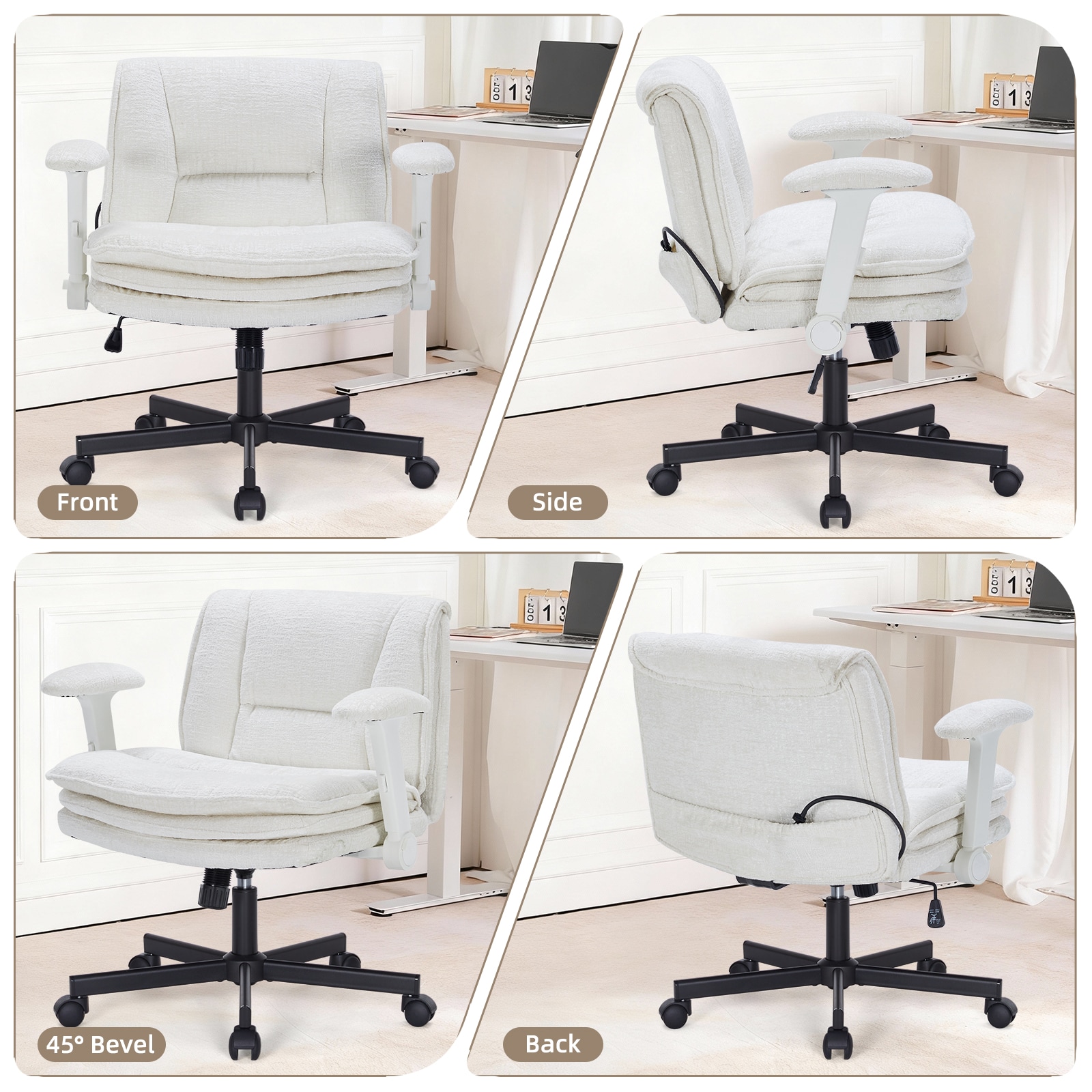 Criss Cross Chair With Wheels And Flip Arms, Upholstered Cross Legged Office Chair With 3 Layer Cushions&Dynamic Airbag Lumbar Support, Wide Seat Comfy Desk Chair For Home Office, Living Room, Beige_maomaolike.com